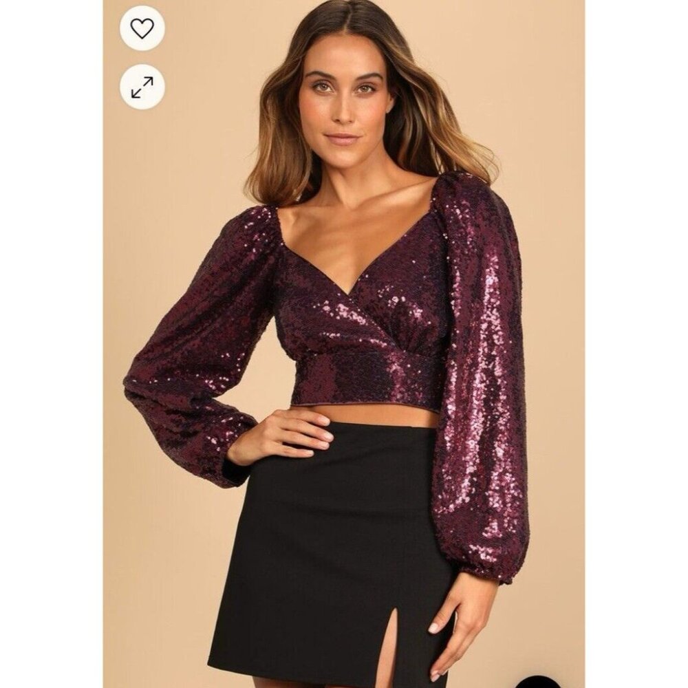 Lulus Purple Wine Sequined Long Puff Sleeve Cropped Top M Medium NEW